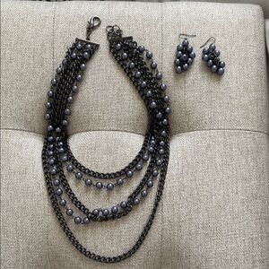 Elegant Black and Silver Pearl Necklace and Earring Set